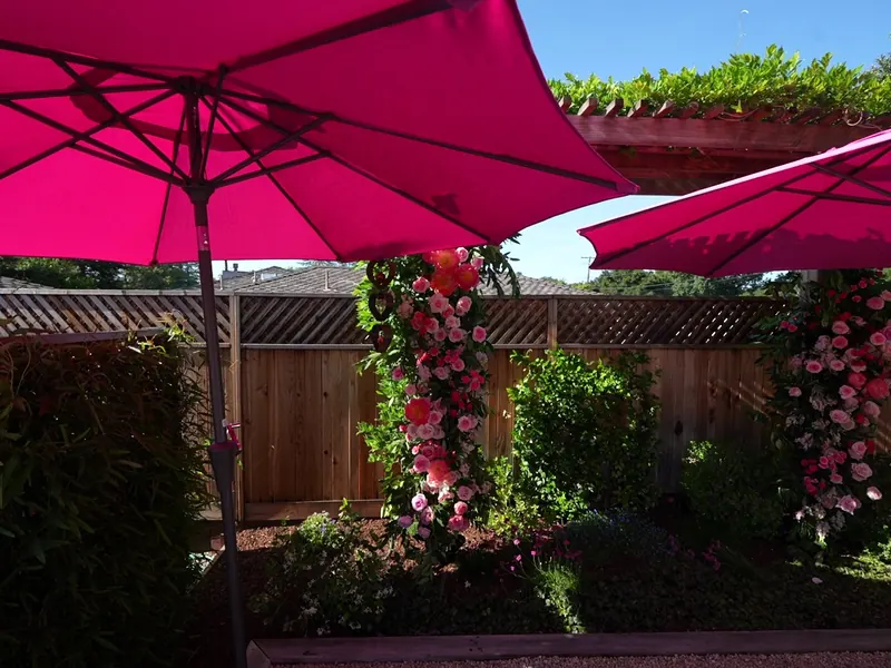 Blooming arch framing umbrella tables in a private yard at a San Rafael community celebration