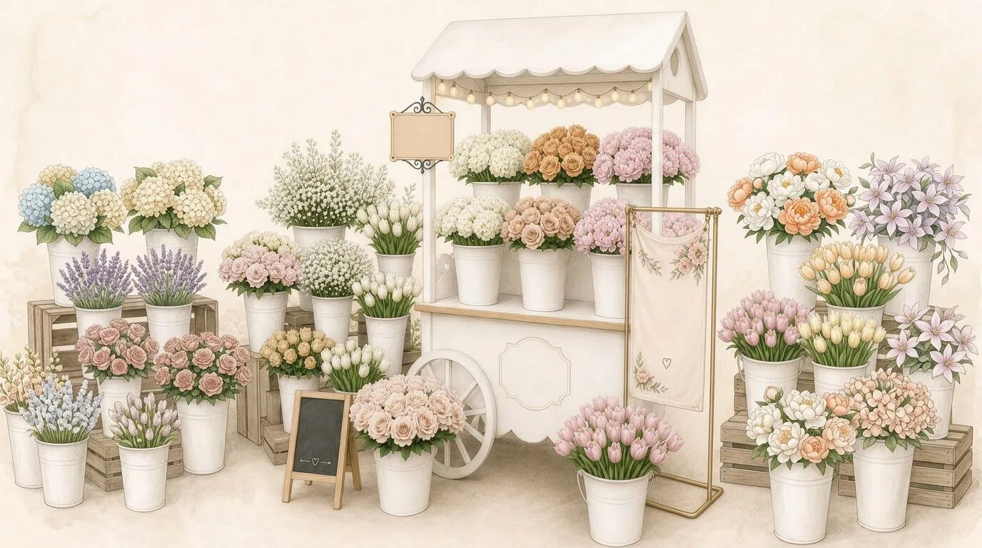 Custom Bloom Bar cart filled with seasonal roses, daisies, and eucalyptus for guests to wrap their own bouquets — floral add-on from our Marin catering team