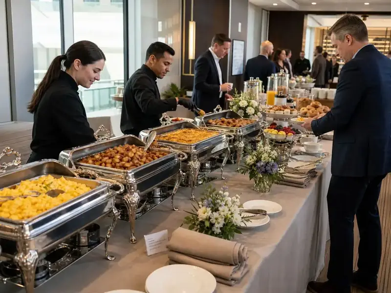 Marin corporate event guests enjoying a beautifully presented staffed breakfast buffet in a bright, modern venue.