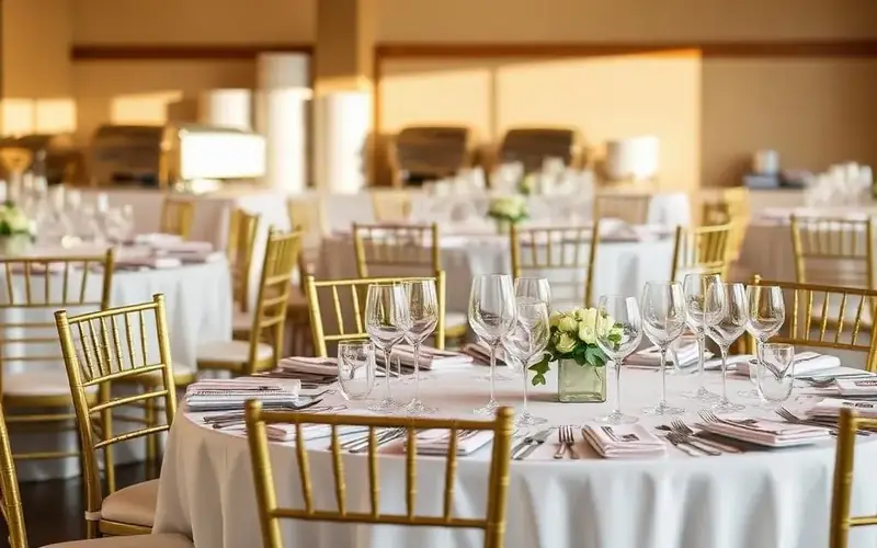 Marin Catering Company tablescape prepared for a refined celebration with round tables, elegant rentals, and warm natural light.
