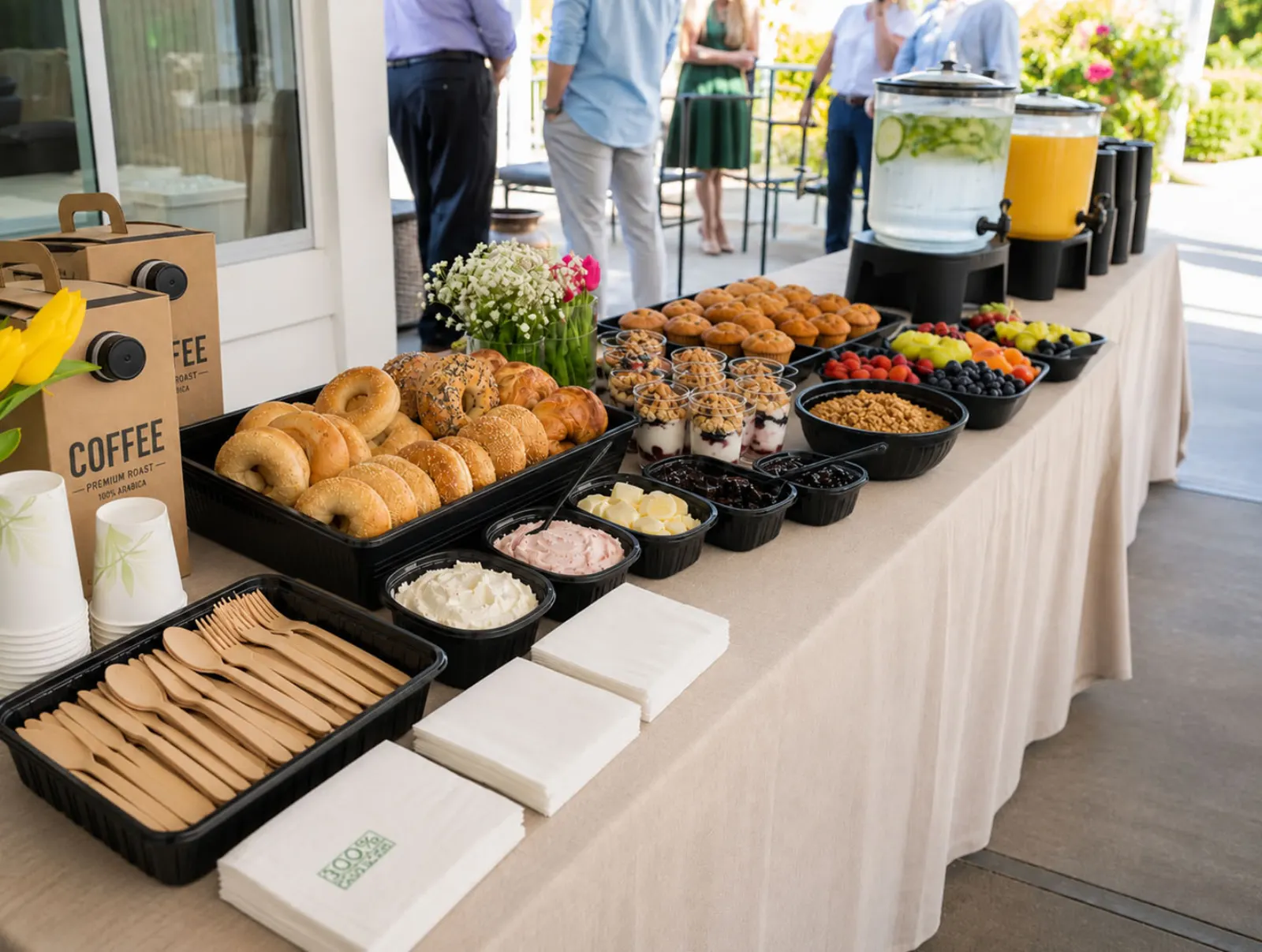 Drop-Off Continental Breakfast by Marin Catering Company Drop-off continental breakfast display with bagels, muffins, yogurt parfaits with granola, fresh fruit and berries, coffee, iced water, and orange juice on a linen-draped outdoor buffet by Marin Catering Company