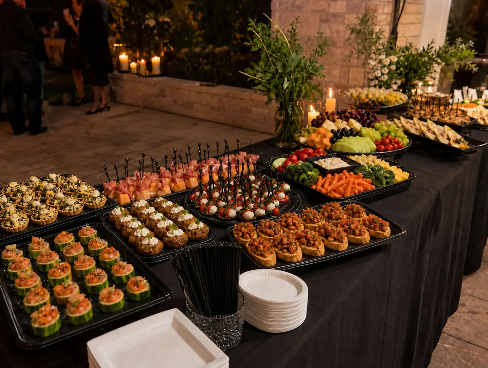 Drop-Off Appetizer Station Elegant evening drop-off appetizer station with caprese skewers, prosciutto and melon, bruschetta, stuffed mushrooms, smoked salmon cucumber cups, artichoke tartlets, crudité, fresh fruit and cheese trays, and candlelit florals by Marin Catering Company
