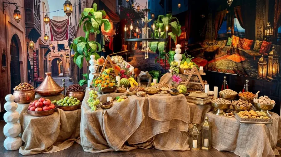 Jewel-toned grazing display of dried fruit, nuts and honeyed sweets dressed with dramatic blooms and greenery — themed floral styling for Novato catering