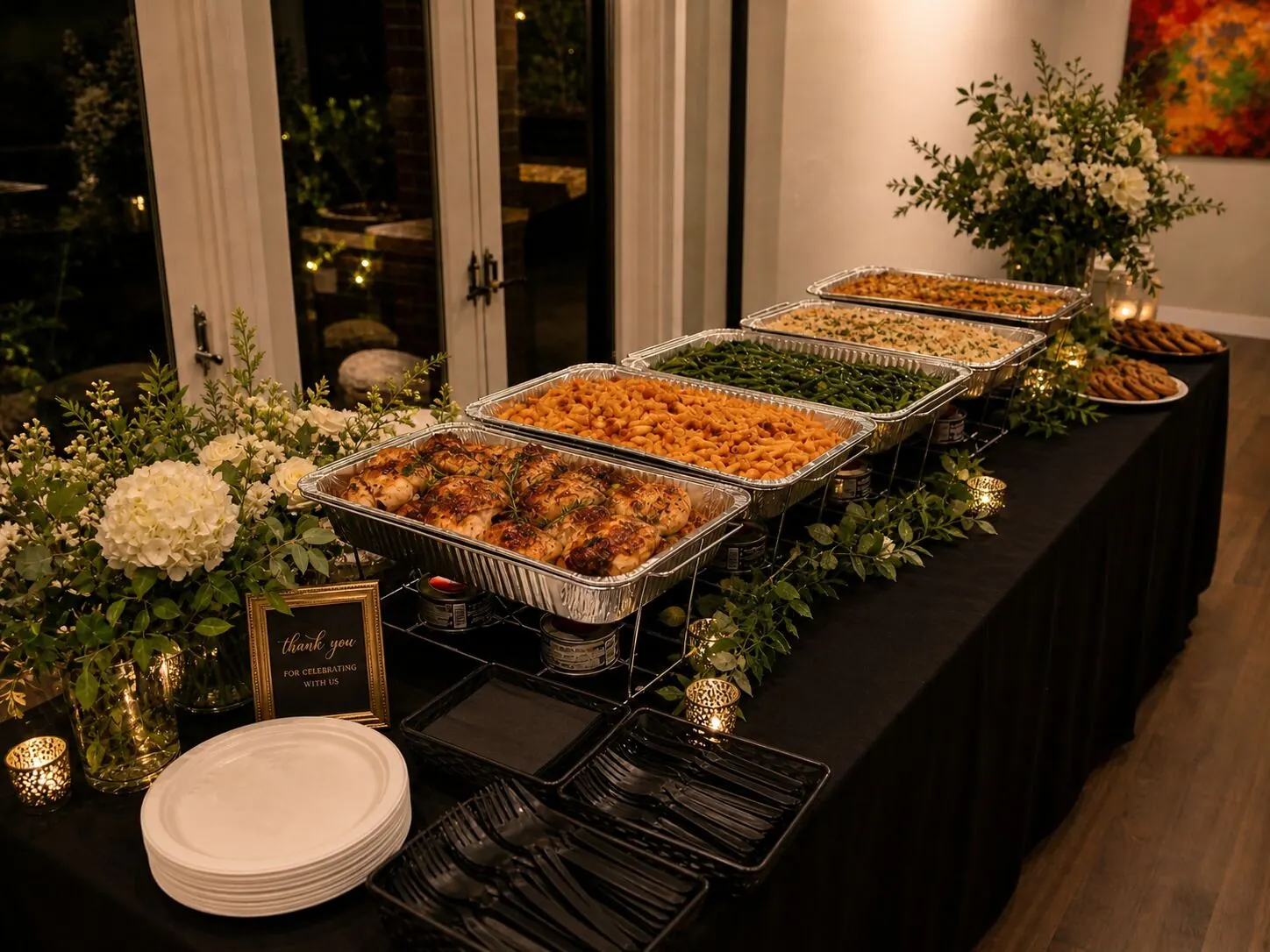 Delivered supper of roast chicken, baked pasta, green beans and rice finished with candlelight and small arrangements — floral upgrades for Marin catering deliveries