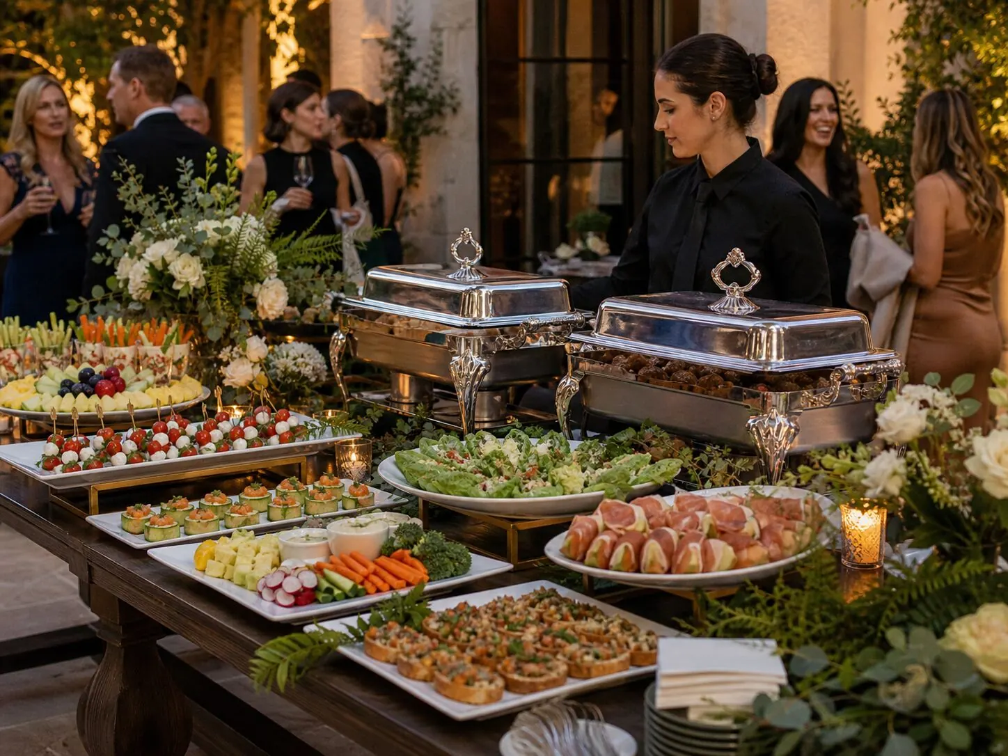 Attended hors d'oeuvres station framed with fresh flowers beside warm chafers on a garden terrace — floral appetizer styling for Larkspur catering