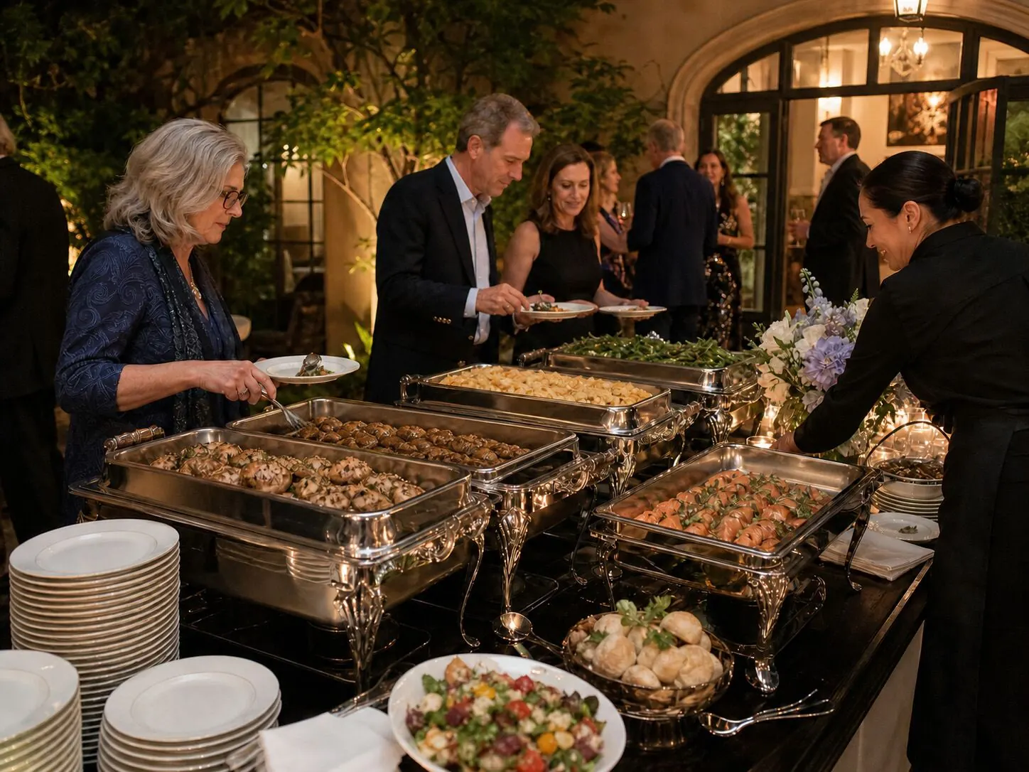 Full-service dinner plated and served at a long guest table during an evening reception in Mill Valley by Marin Catering Company