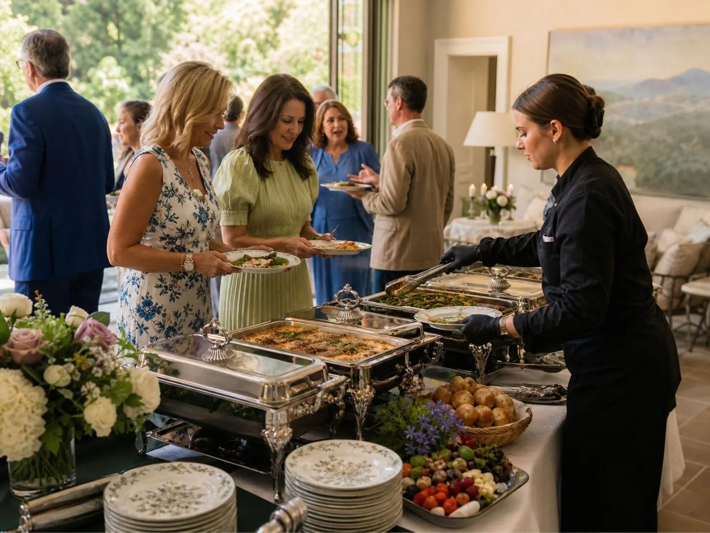 Server portioning entrées from polished chafers for guests at a sunlit luncheon on a private terrace — attended midday service for Tiburon catering and hillside homes
