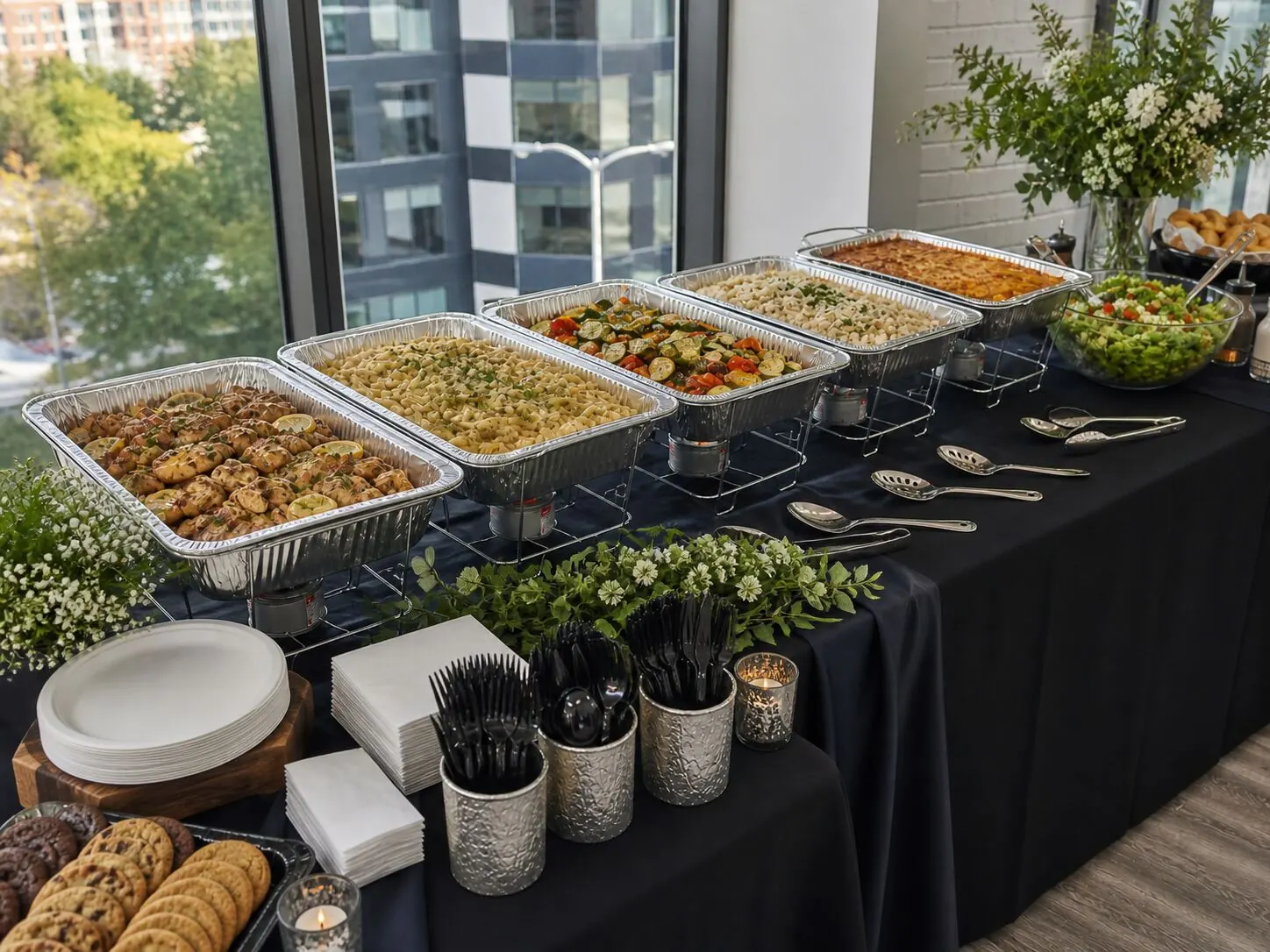 Midday buffet kept hot in chafers with baked pasta, roasted vegetables, herbed potatoes, a tossed green salad and a platter of cookies and brownies — hot lunch delivery for Mill Valley catering and Marin offices