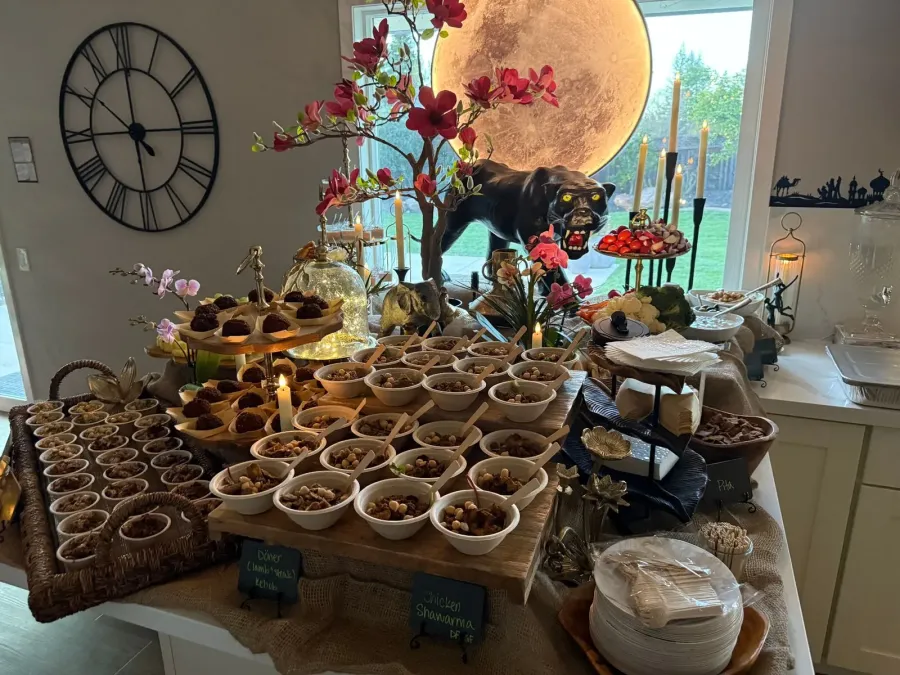 Mediterranean buffet spread of kebabs, couscous, hummus and grilled vegetables served at a Sausalito celebration by Marin Catering Company
