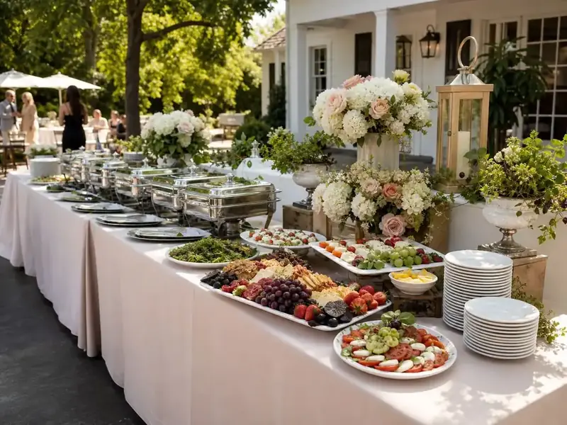 Marin outdoor wedding catering display with abundant appetizers, silver buffetware, garden greenery, and soft ivory arrangements.